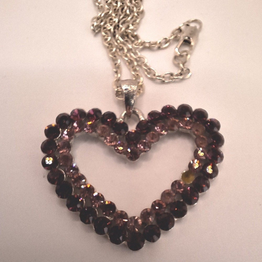Vintage open heart pendant necklace chubby purple pink rhinestones silver tone